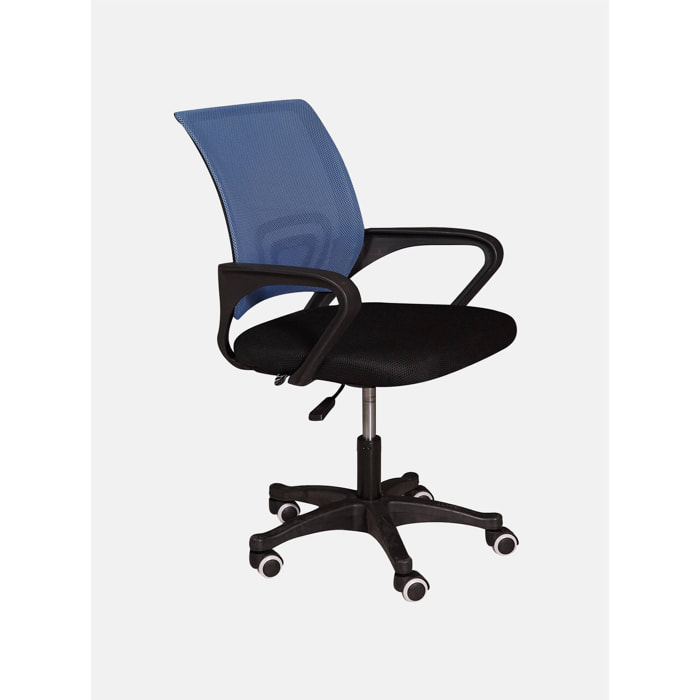 Sedia da ufficio su ruote, Poltrona elevabile con braccioli, Sedia in tessuto imbottito con schienale in rete, cm 62x50h84/93, colore Nero e Blu