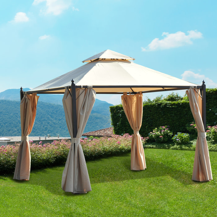 Cenador de Jardín 3x3m Gazebo con Doble Techo 4 Cortinas Laterales Mejor Ventilación Exterior Espacioso para Fiesta Eventos Barbacoa Beige