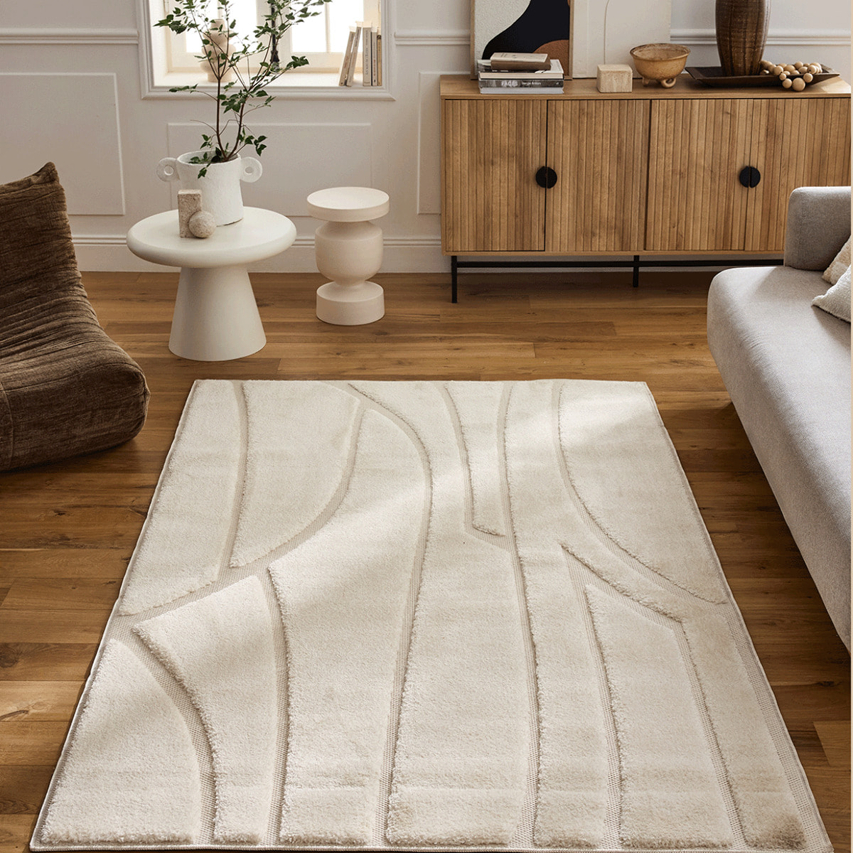 ROMY - Tapis de salon texturé en relief crème - ROM505CRE