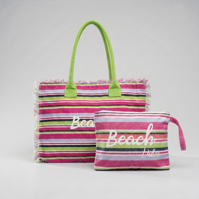 Borsa mare donna con pochette coordinata, shopper spiaggia grande in cotone effetto fouta con frange e zip, borsa rigata multicolor Beach Vibes, capiente e leggera, ideale per mare piscina vacanze e tempo libero