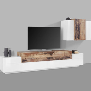 Parete attrezzata da soggiorno modulare, Made in Italy, Base porta TV e pensile sospeso, Set salotto moderno, cm 280x45h180, colore Bianco lucido e Acero