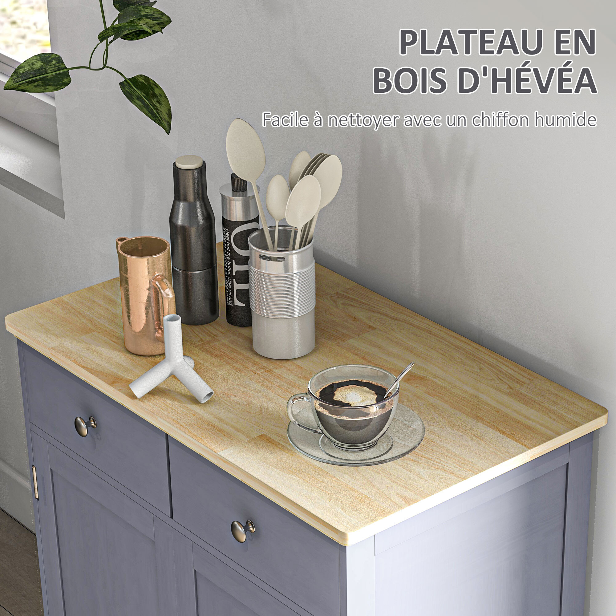 Buffet multi-rangement 2 portes avec étagère réglable 2 tiroirs coulissants MDF gris plateau bois d'hévéa