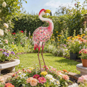 Statue de jardin flamant rose métal plumes florales