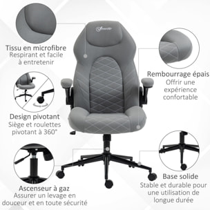 Fauteuil de bureau chaise de bureau ergonomique hauteur réglable pivotant 360° accoudoirs relevables tissu gris clair