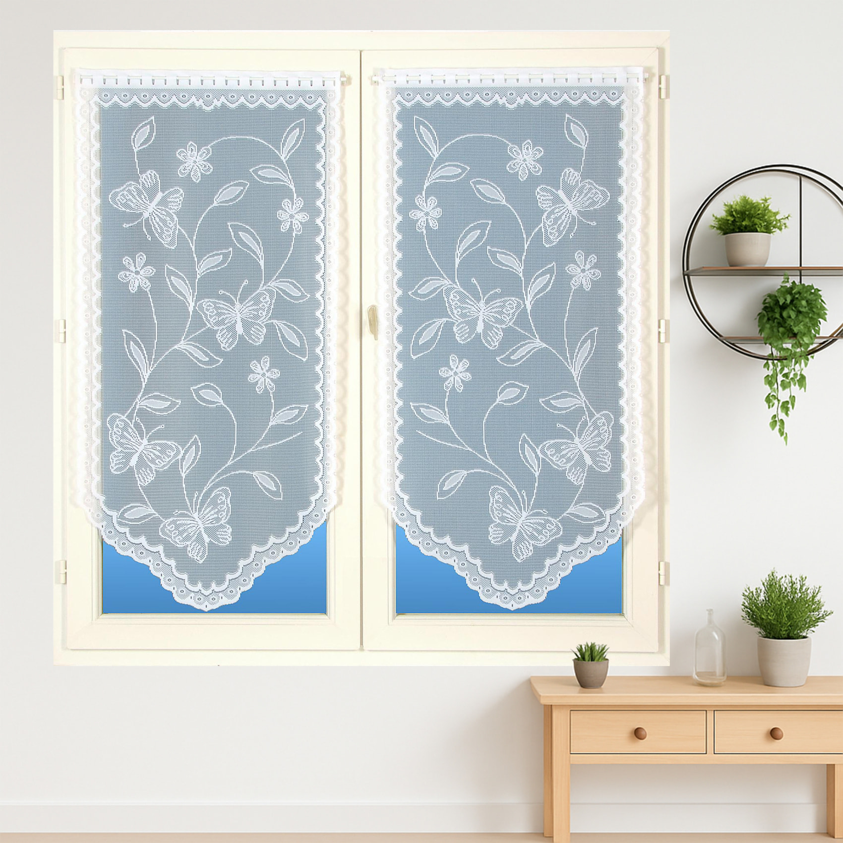 Paire de vitrages base découpée dentelle papillons - Blanc