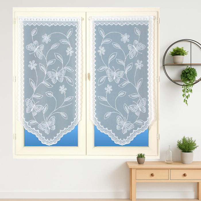 Paire de vitrages base découpée dentelle papillons - Blanc