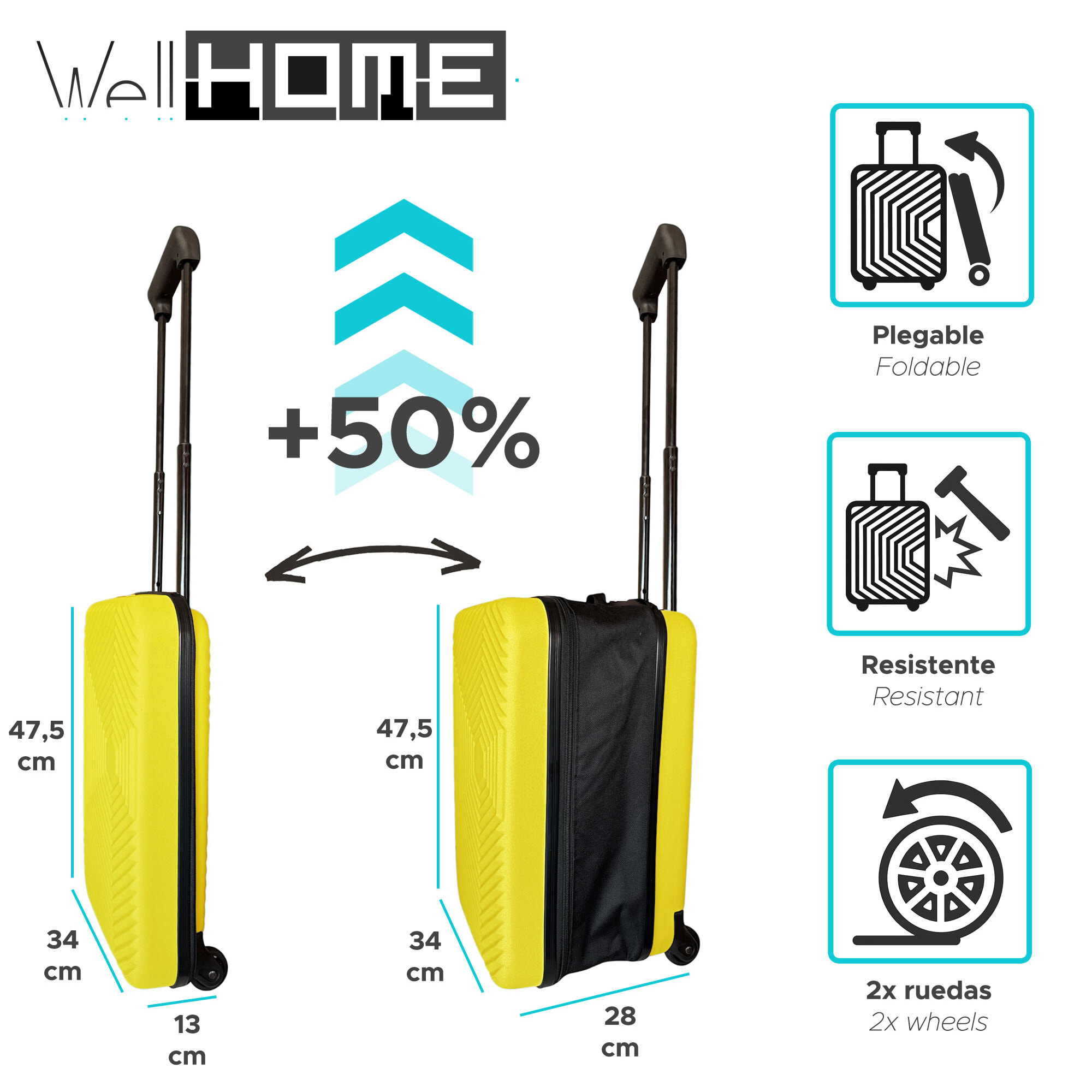 Maleta de cabina 18" plegable ultrafina/se pliega de 28cm a 13cm de grosor/ligera y resistente abs/ 2 ruedas + mango telescópico/ color amarillo