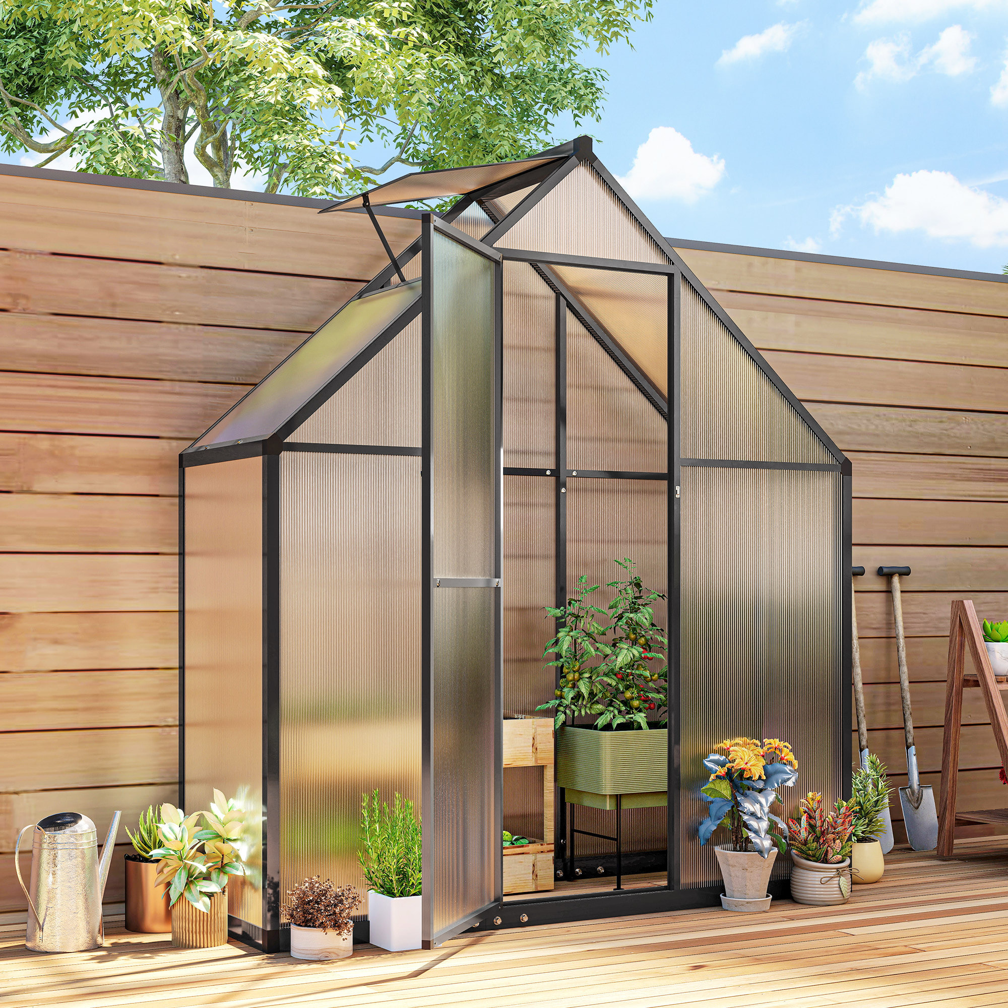 Serre de jardin alu polycarbonate - porte, lucarne - 1,7 x 0,58 x 1,95 m - noir
