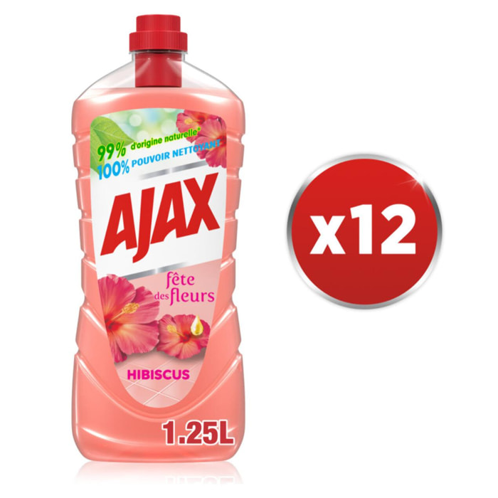 Pack de 12 - AJAX Nettoyant Ménager Sols et Multi Surfaces Fête des Fleurs Hibiscus 1250ml