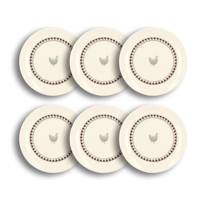 Lot de 6 assiettes à dessert en grès 19cm avec imprimé poule GALLINA
