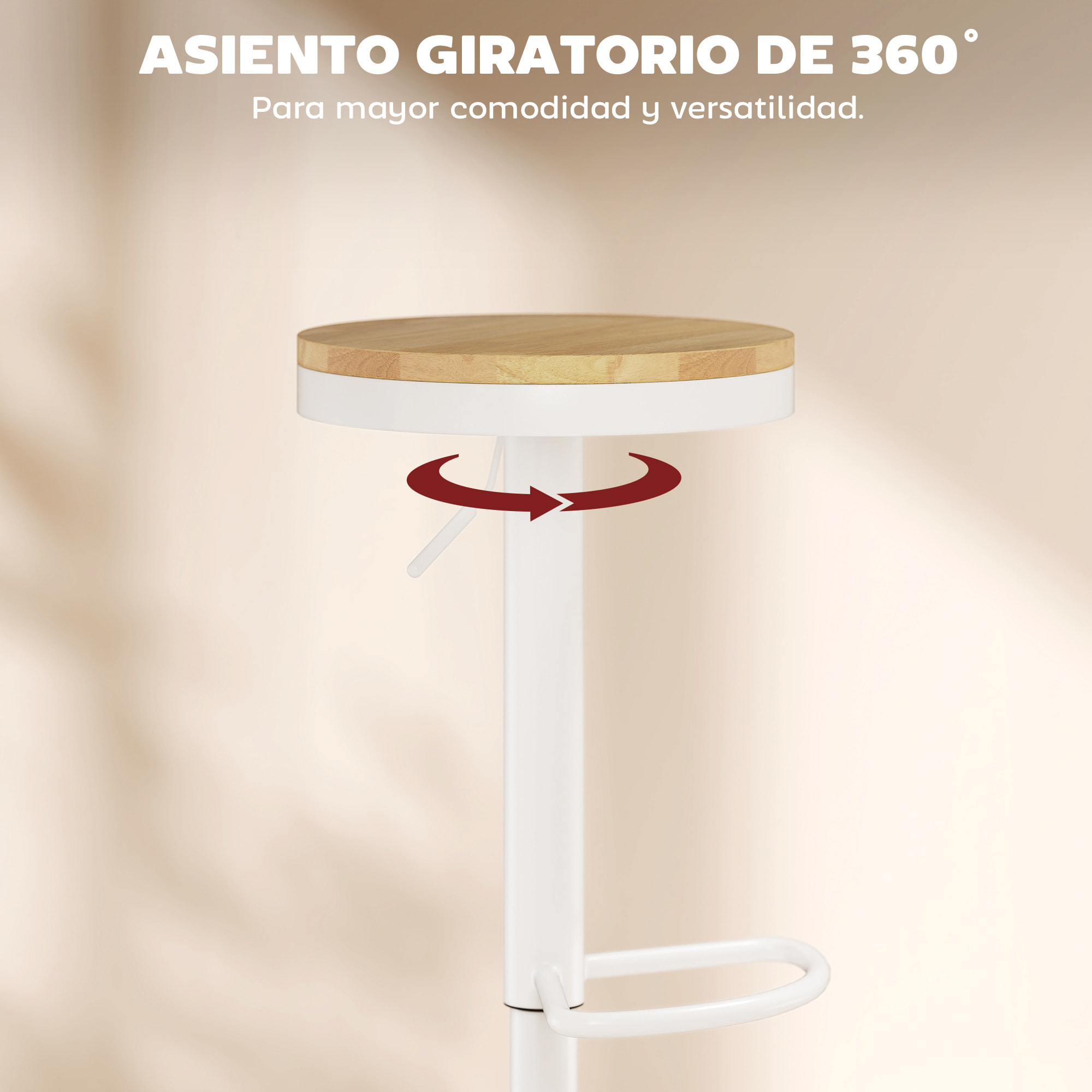 Juego de 2 Taburetes de Bar Giratorios Taburetes Altos de Cocina con Altura Ajustable 60-80 cm Asiento de Madera Marco de Acero y Reposapiés para Comedor Mostrador Natural y Blanco