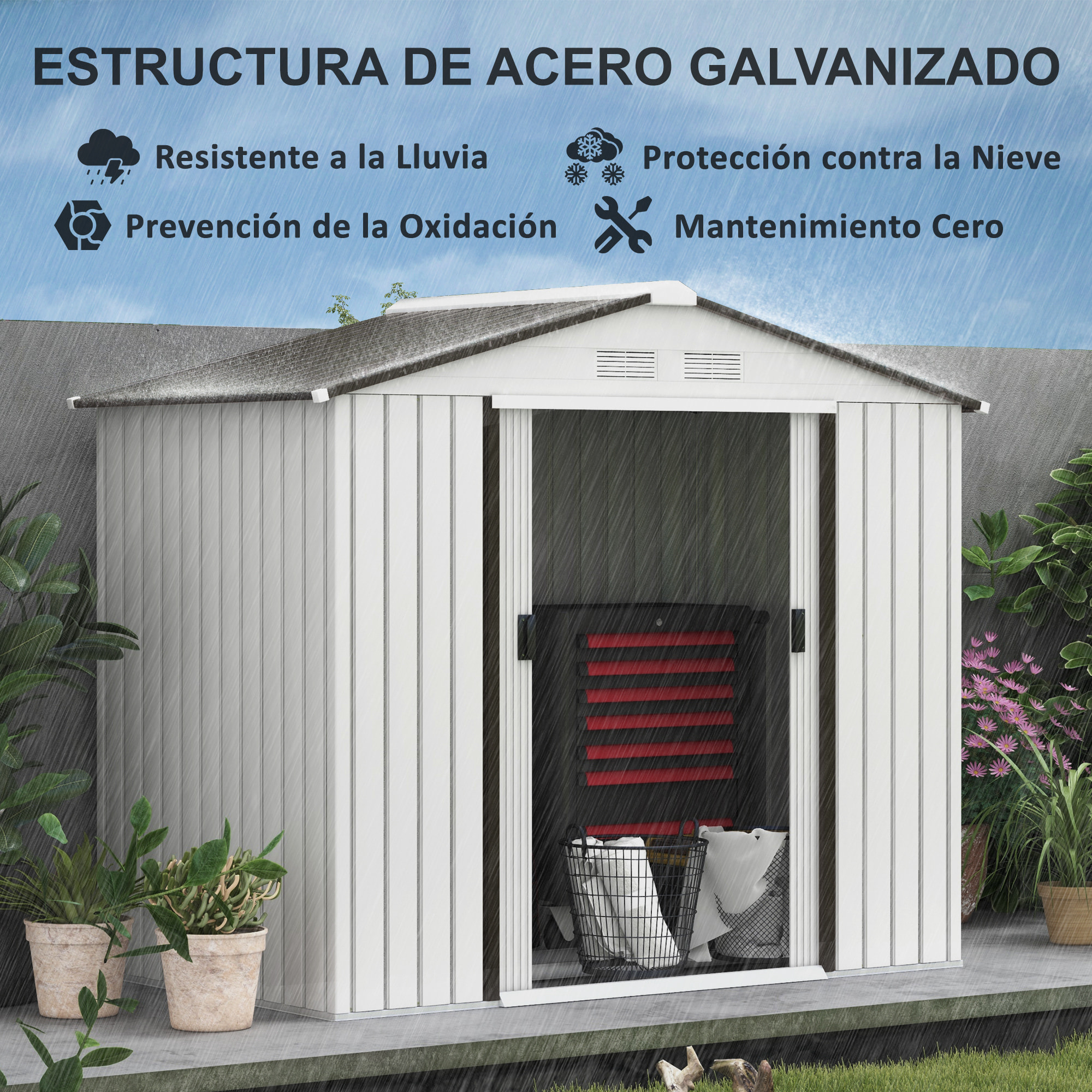 Cobertizo de Jardín 2,5m² con Base de Refuerzo Sin Suelo 213x130x185 cm Caseta de Jardín Exterior con 2 Puertas Correderas y 4 Ventanas para Almacenamiento de Herramientas Blanco