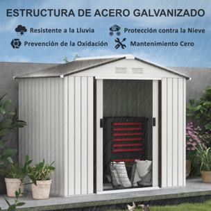 Cobertizo de Jardín 2,5m² con Base de Refuerzo Sin Suelo 213x130x185 cm Caseta de Jardín Exterior con 2 Puertas Correderas y 4 Ventanas para Almacenamiento de Herramientas Blanco
