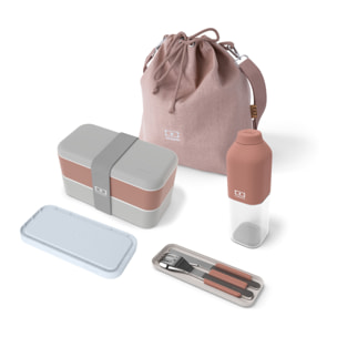 Set repas lunch box 2 étages 1L rose/gris + accessoires