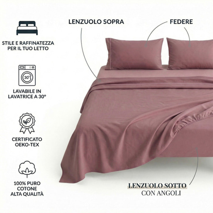 Completo lenzuola in cotone bicolore morbido e traspirante, set letto con lenzuolo sopra, sotto con angoli e federa, design con piping a contrasto elegante, resistente e leggero 116 gsm, certificato OEKO-TEX