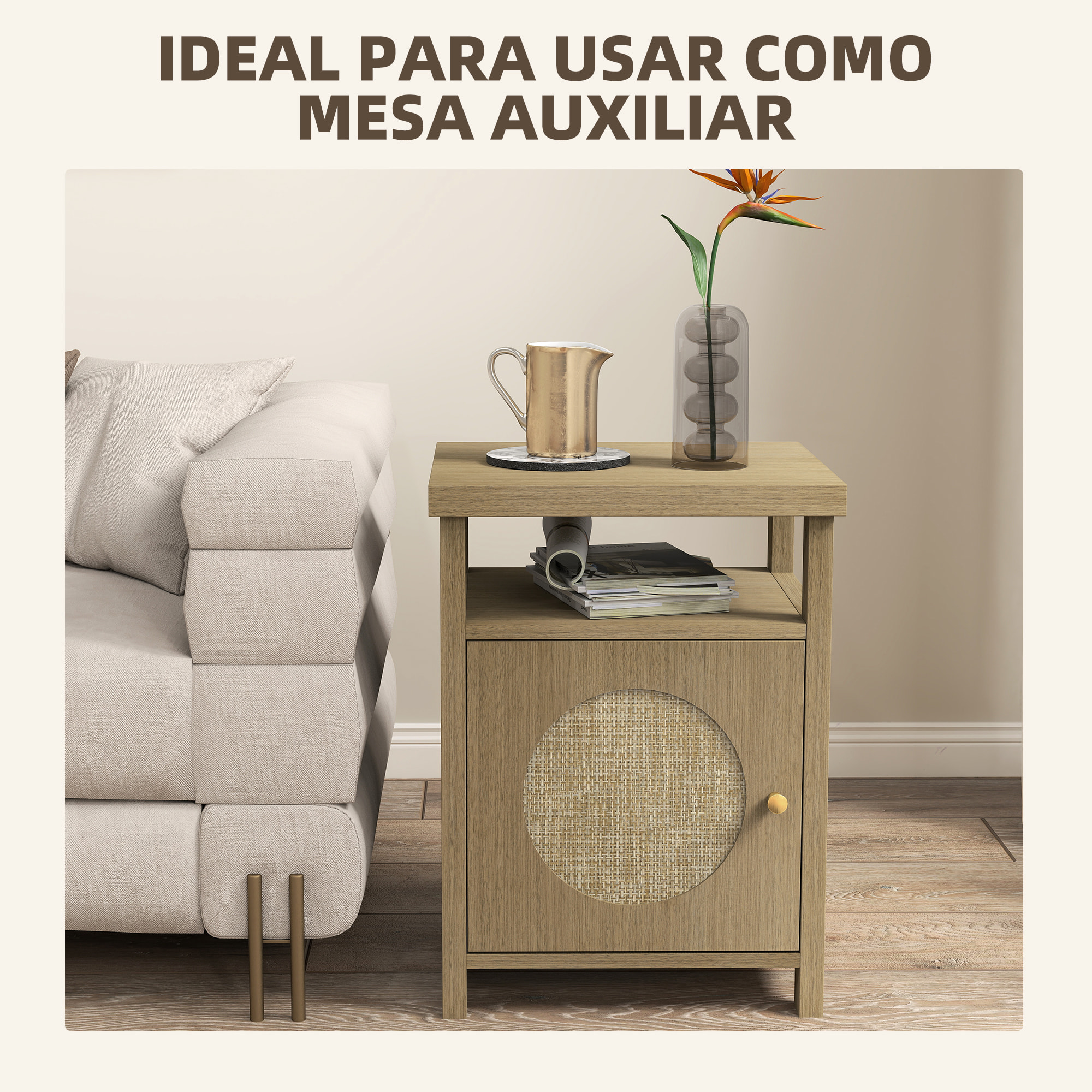 Mesita de Noche con Puerta de Ratán, Mesilla de Noche con Estante Abierto y Compartimento, Mesa Auxiliar para Dormitorio, Salón, 40x35x55 cm, Madera Natural