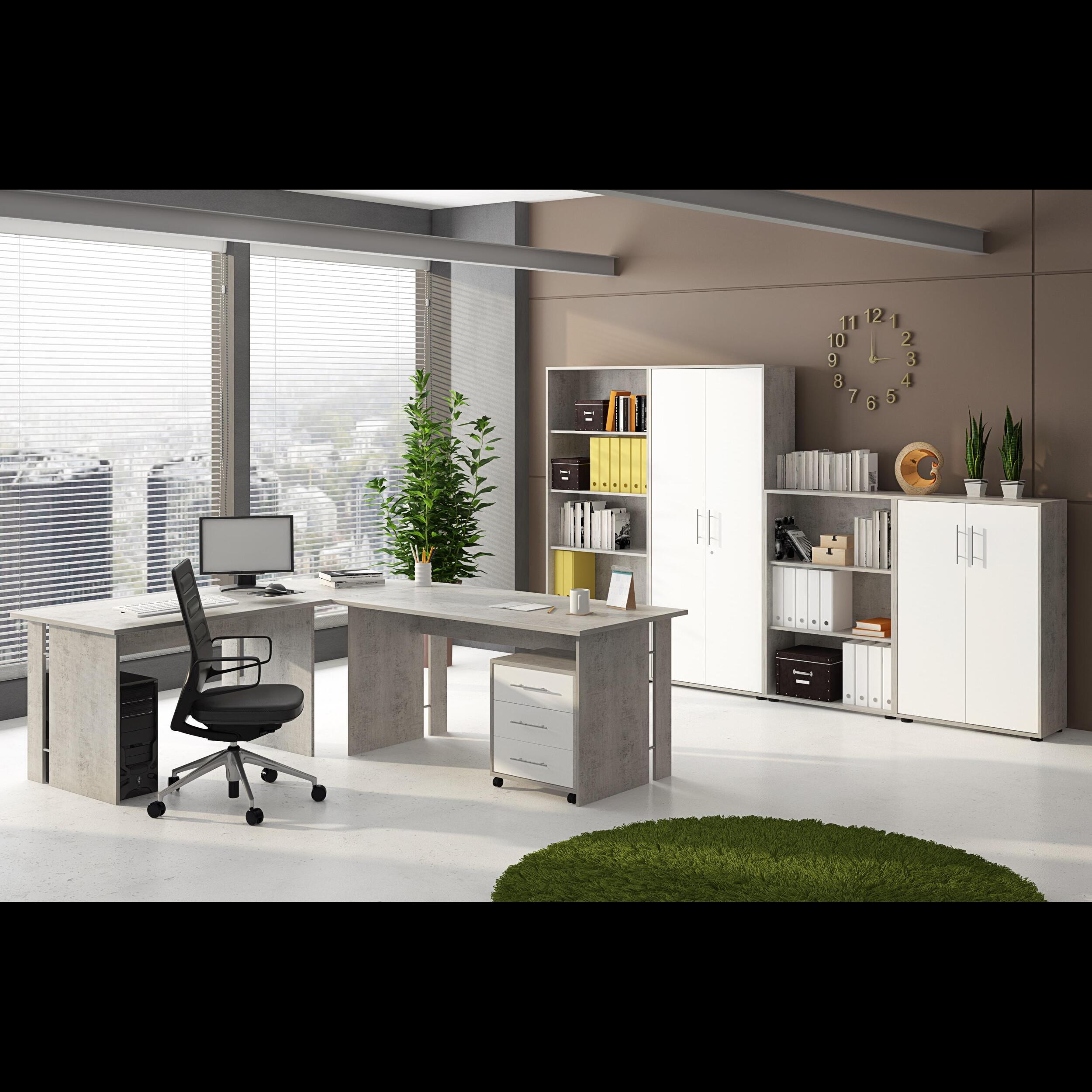 Set Ufficio Completo Con 2 Scrivanie 1 Modulo Ad Angolo 1 Cassettiera Con Ruote 2 Armadi Alto e Basso 2 Librerie Alta E Bassa Bianco E Grigio Cemento