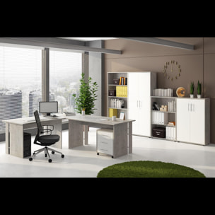 Set Ufficio Completo Con 2 Scrivanie 1 Modulo Ad Angolo 1 Cassettiera Con Ruote 2 Armadi Alto e Basso 2 Librerie Alta E Bassa Bianco E Grigio Cemento