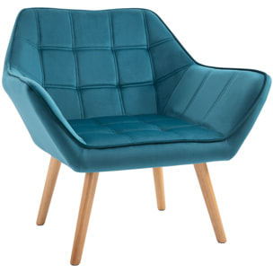 Fauteuil salon design scandinave piètement bois hévéa velours effet capitonné bleu canard
