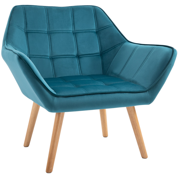Fauteuil salon design scandinave piètement bois hévéa velours effet capitonné bleu canard