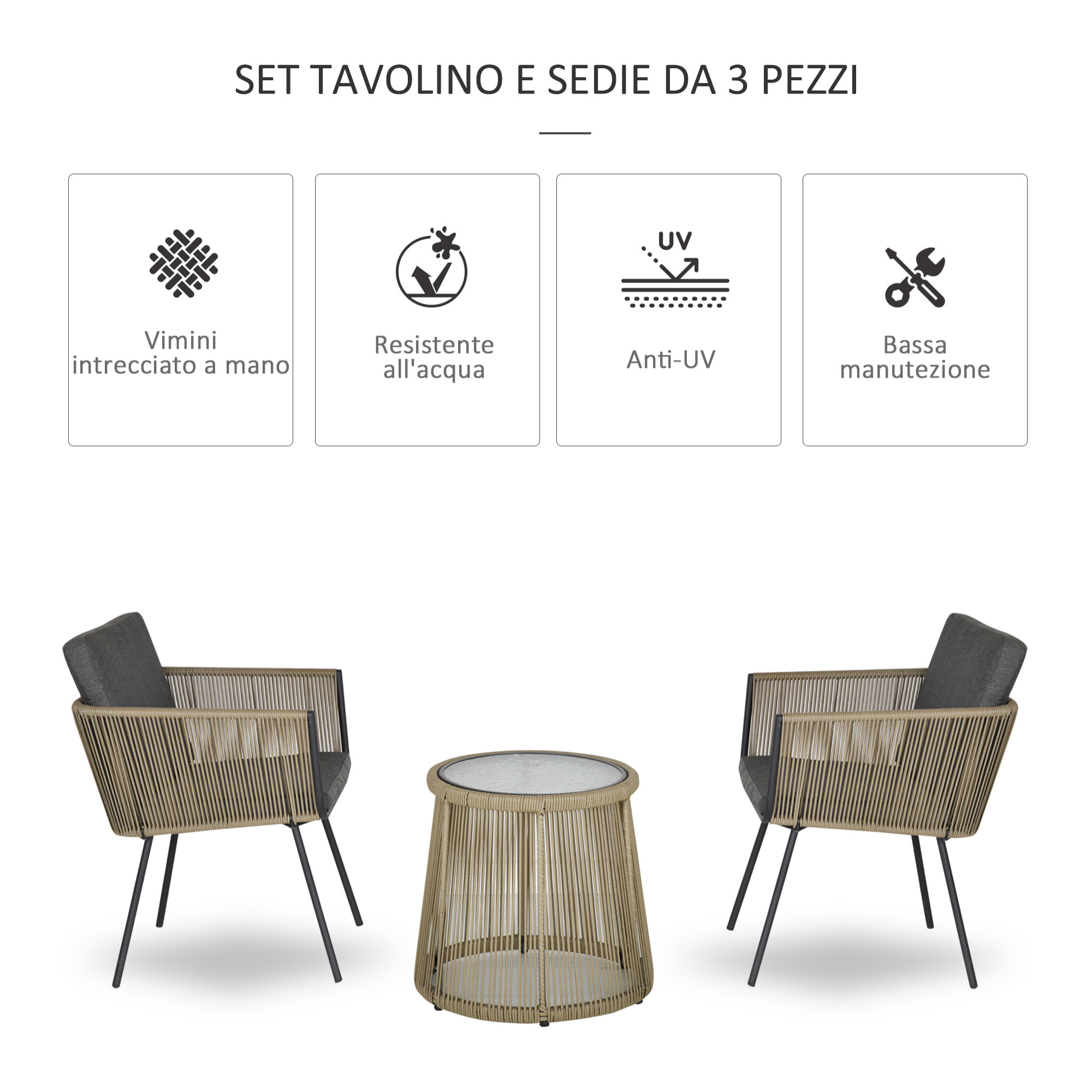 Outsunny Set 2 Poltroncine con Tavolino da Esterno in PE Rattan Cachi e Grigio