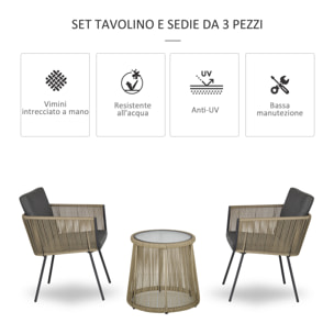 Outsunny Set 2 Poltroncine con Tavolino da Esterno in PE Rattan Cachi e Grigio
