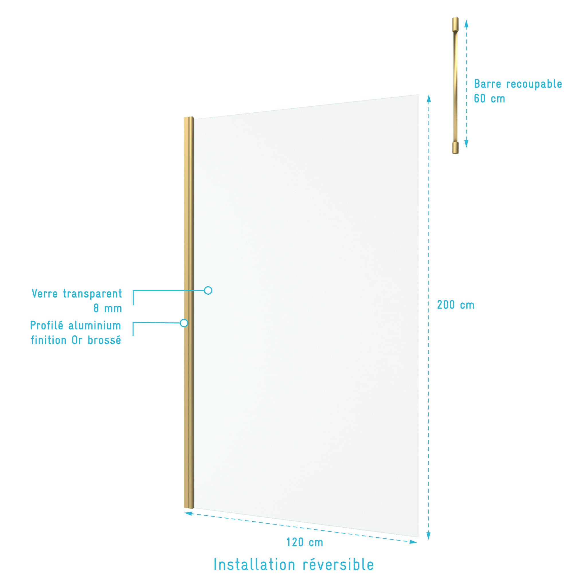 Paroi de Douche 120x200cm Verre 8mm - Profilé + Barre Plafond Finition Or Brossé - FREEDOM 2 GOLD