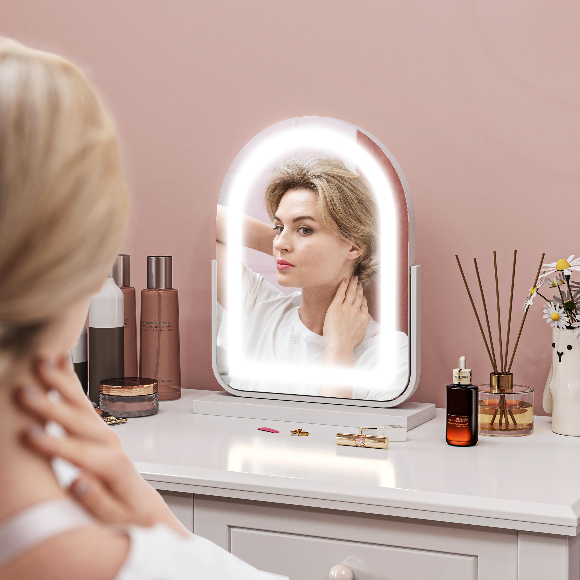 Espejo Maquillaje con Luz LED Espejo Tocador Giratorio con 3 Modos de Iluminación Ajustables Interruptor Táctil Rotación Regulable de 360° y Función de Memoria Blanco