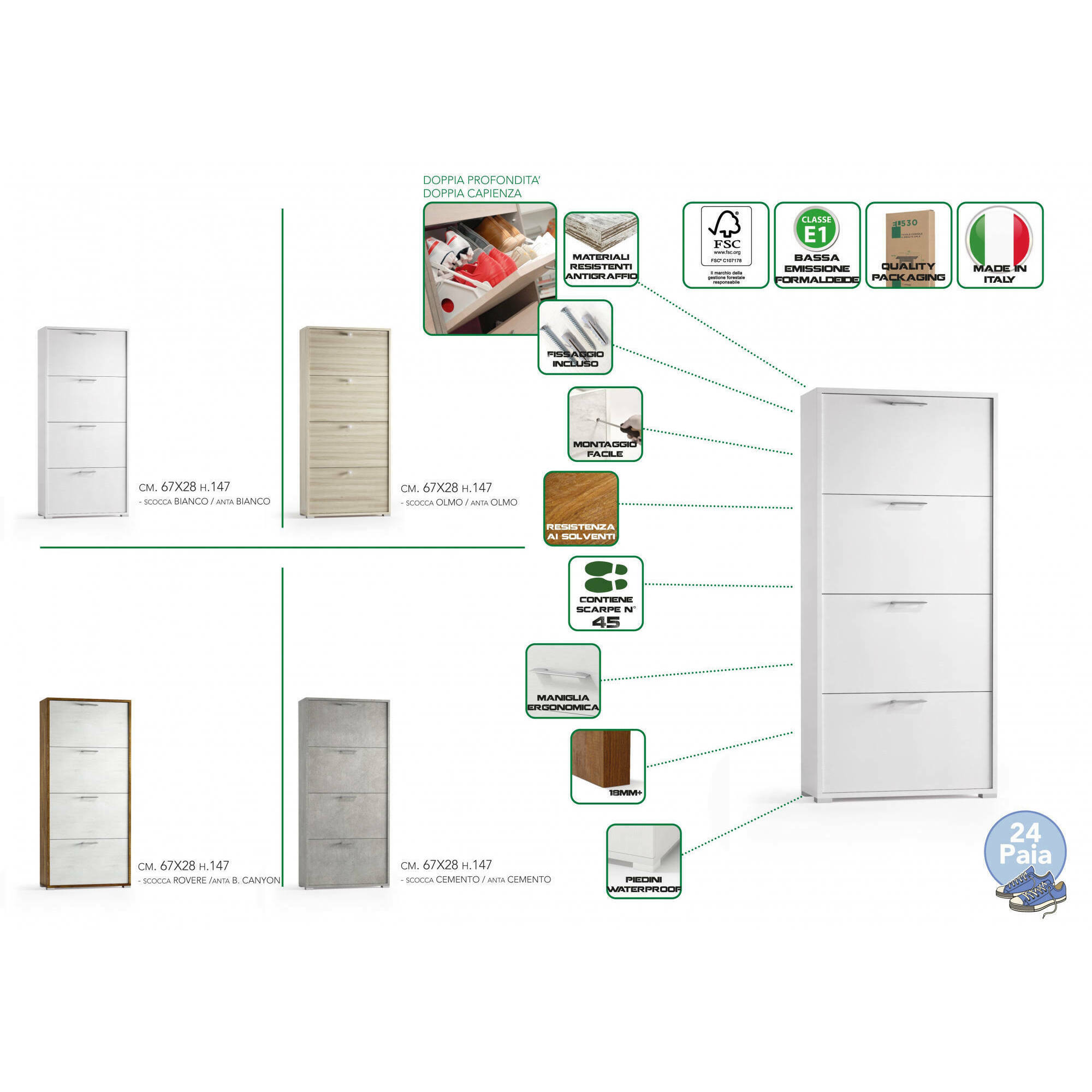 Scarpiera Adeindein, Mobile multiuso da ingresso con 4 ante a ribalta, Armadietto portascarpe a doppia profondità, 100% Made in Italy, 67x28h147 cm, Olmo e fantasia