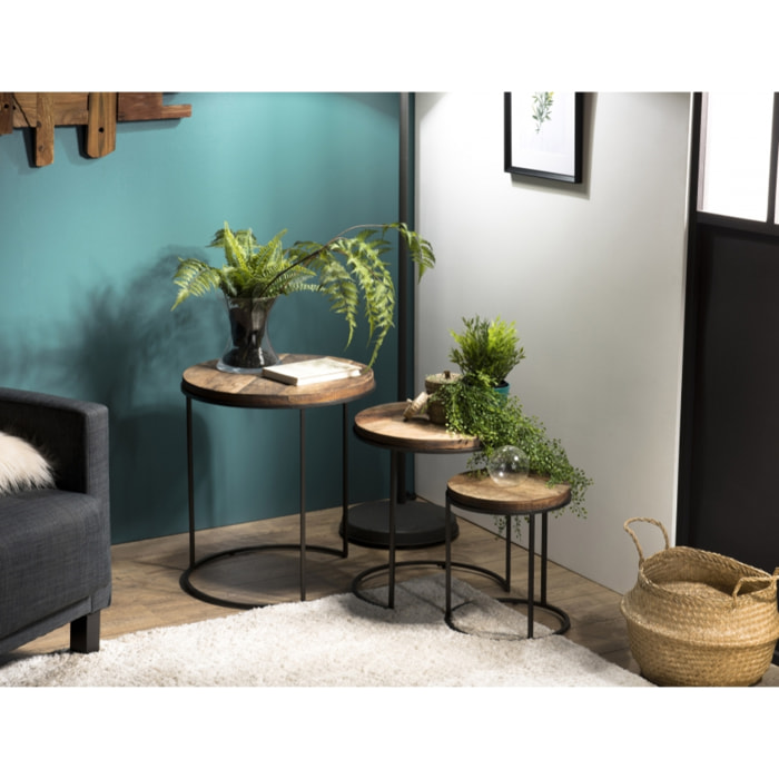 ALIDA - Set de 3 tables d'appoint rondes marrons Teck recyclé Acacia Mahogany pieds métal noirs