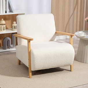 Fauteuil lounge style nordique effet laine bouclée crème structure bois