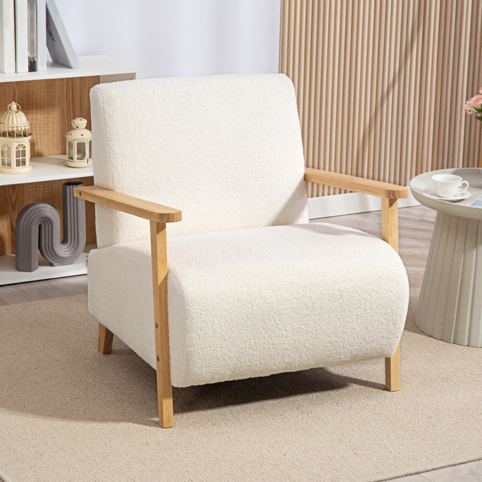 Fauteuil lounge style nordique effet laine bouclée crème structure bois