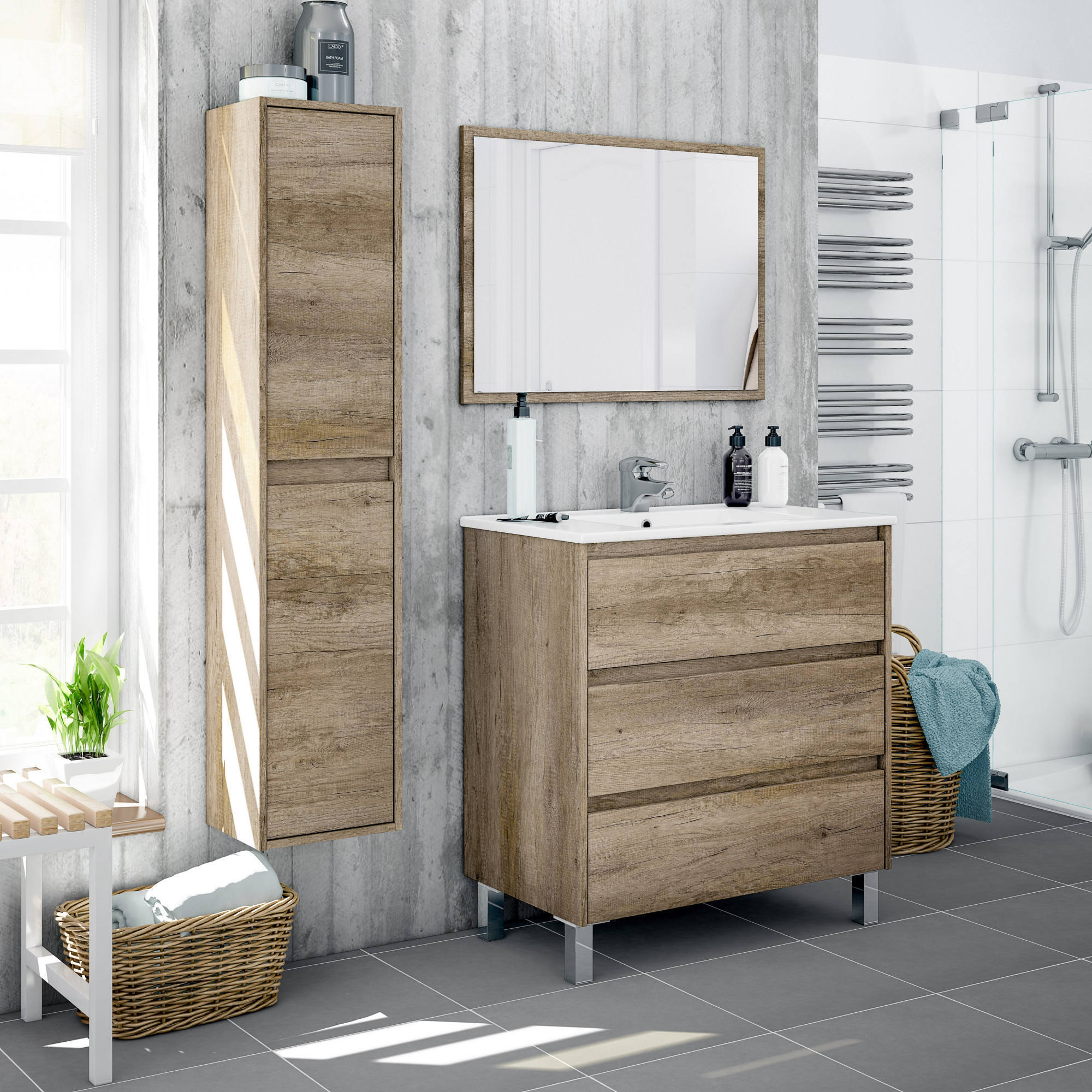Mobile colonna Aladin, Mobile bagno a 2 ante, Armadio pensile sospeso, Mobiletto multiuso moderno, 30x26h140 cm, Quercia