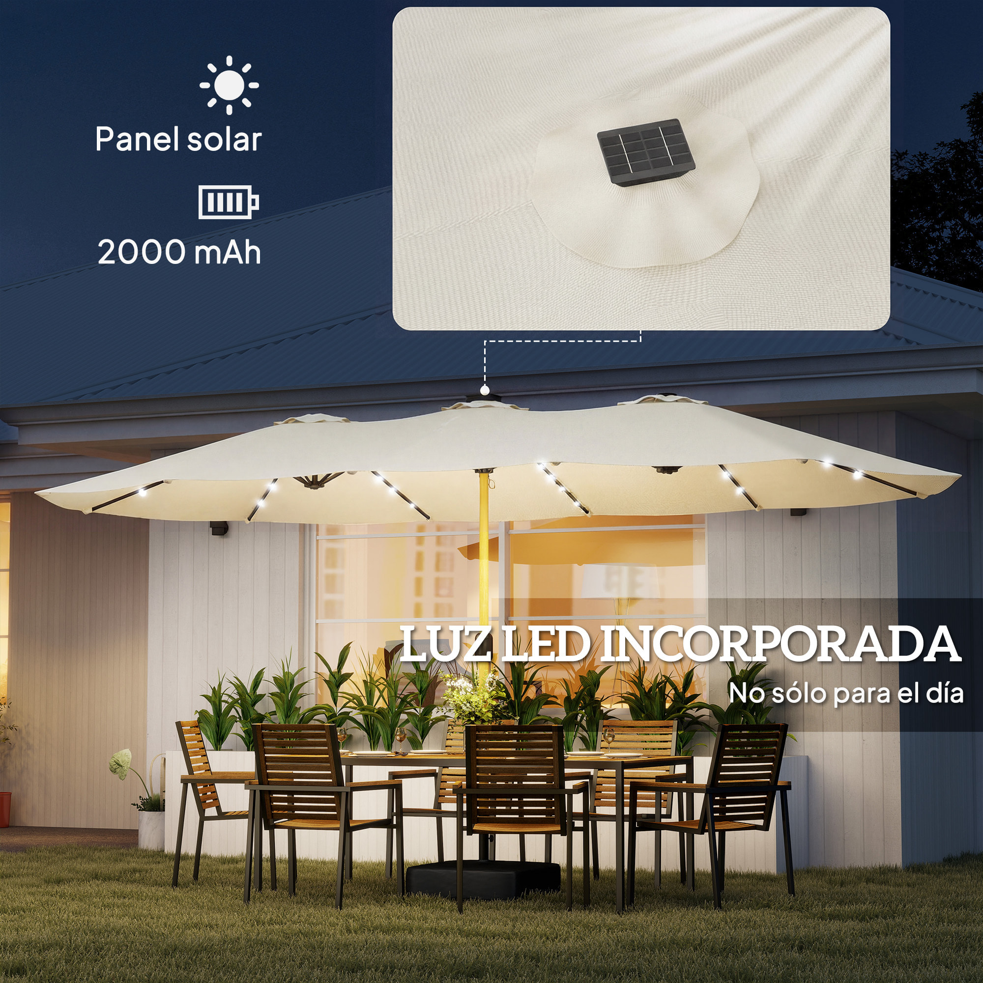 Sombrilla Doble con 48 Luces LED, 4,6x2,6 m, Sombrilla Terraza Exterior con Base Incluida, Manivela, Sacos Arena, Funda, Anti-UV, Resistente al Agua, Parasol para Jardín, Terraza, Crema