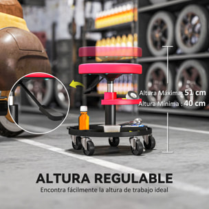 Taburete de Taller Giratorio con Ruedas Altura Ajustable de 40-51 cm Asiento Taburete para Mecánico con 2 Bandejas para Herramientas Carga 135 kg para Garaje Reparación de Automóviles Rojo