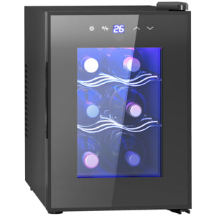 Nevera Vinos 6 Botellas 17L Vinoteca Silenciosa con Luz LED Interior Pantalla LED Táctil Temperatura Regulable 8-18 „ƒ Puerta de Vidrio Templado Anti-UV y 2 Estantes Ajustables Negro