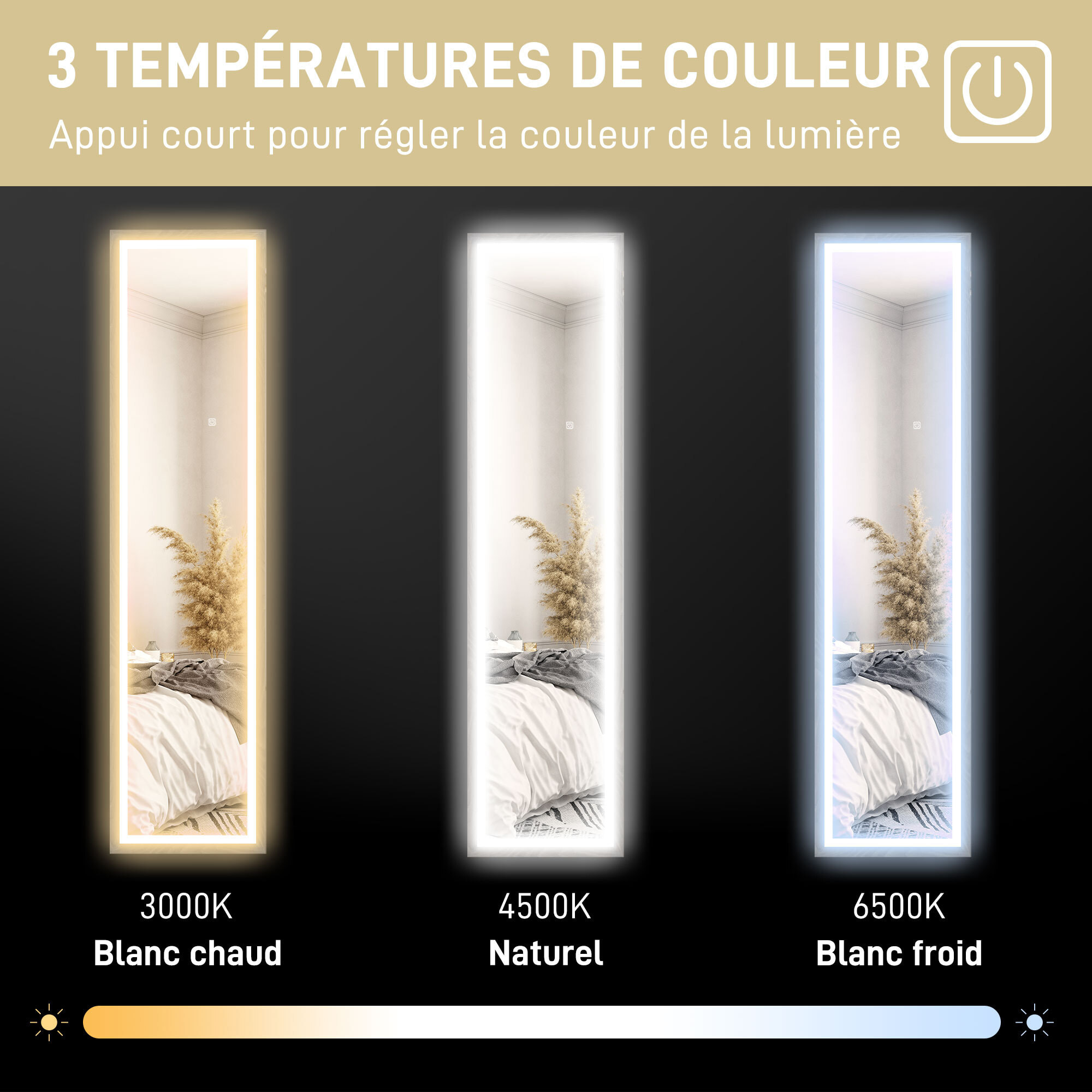 Grand miroir LED pleine longueur 40 x 160 cm autoportant ou à fixer - 3 couleurs luminosité réglable - effet bois gris