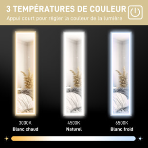 Grand miroir LED pleine longueur 40 x 160 cm autoportant ou à fixer - 3 couleurs luminosité réglable - effet bois gris