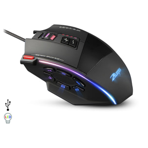 Ratón gaming C-13, hasta 10.000DPI, 1000Hz, 13 botones programables, peso ajustable. Iluminación LED RGB.