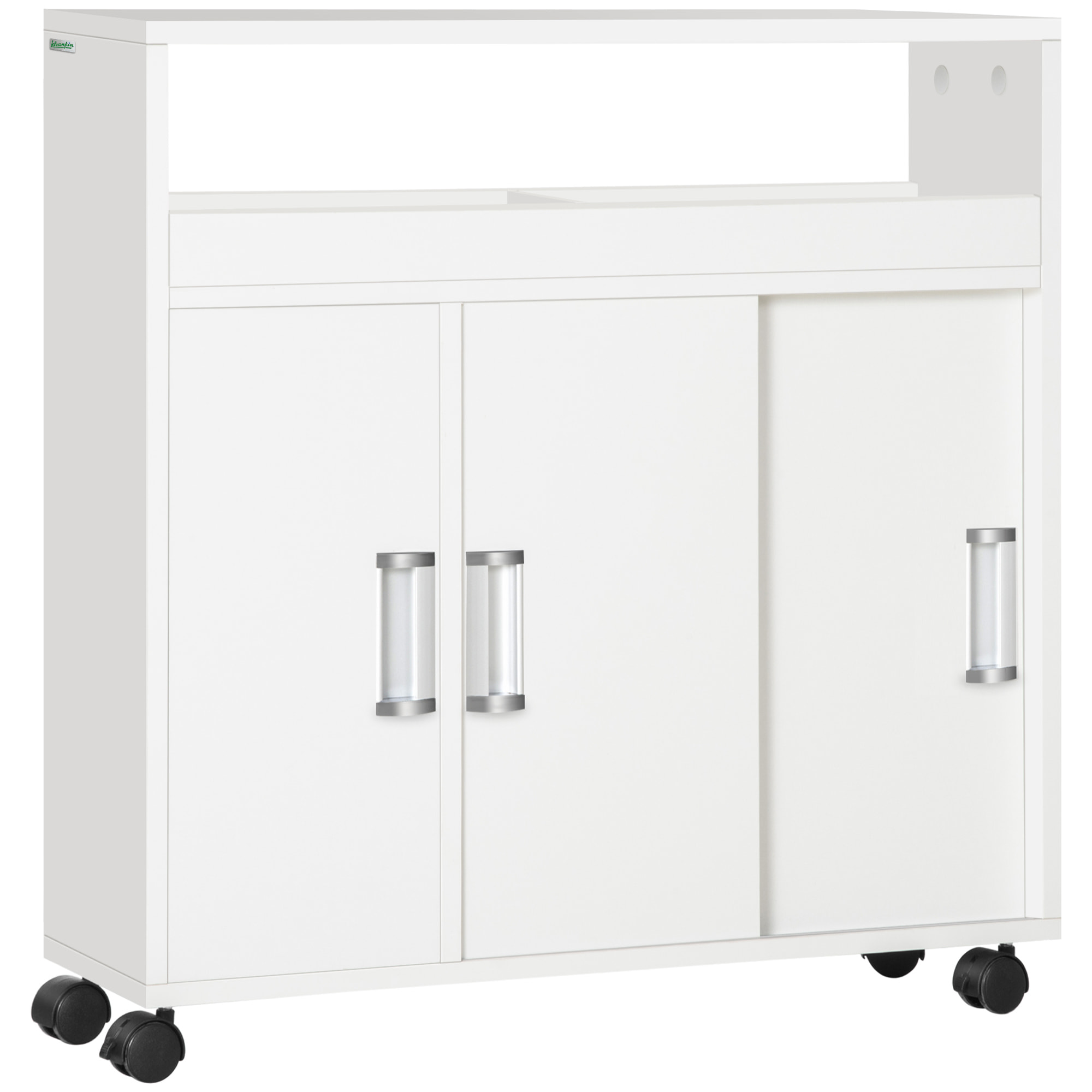 kleankin Armario de Baño con 2 Estantes Abiertos 3 Puertas y Balda Interior Ajustable Mueble Auxiliar de Almacenaje con Ruedas para Salón Cocina Dormitorio 70x20x71 cm Blanco