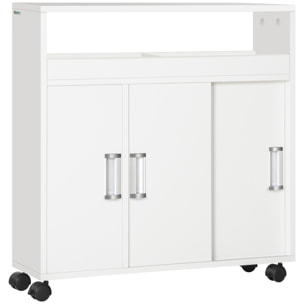 kleankin Armario de Baño con 2 Estantes Abiertos 3 Puertas y Balda Interior Ajustable Mueble Auxiliar de Almacenaje con Ruedas para Salón Cocina Dormitorio 70x20x71 cm Blanco