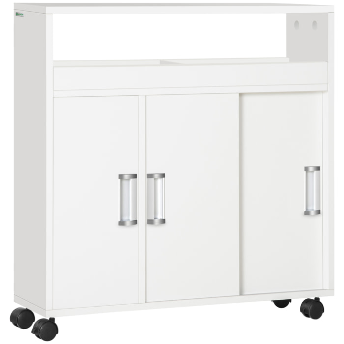 kleankin Armario de Baño con 2 Estantes Abiertos 3 Puertas y Balda Interior Ajustable Mueble Auxiliar de Almacenaje con Ruedas para Salón Cocina Dormitorio 70x20x71 cm Blanco