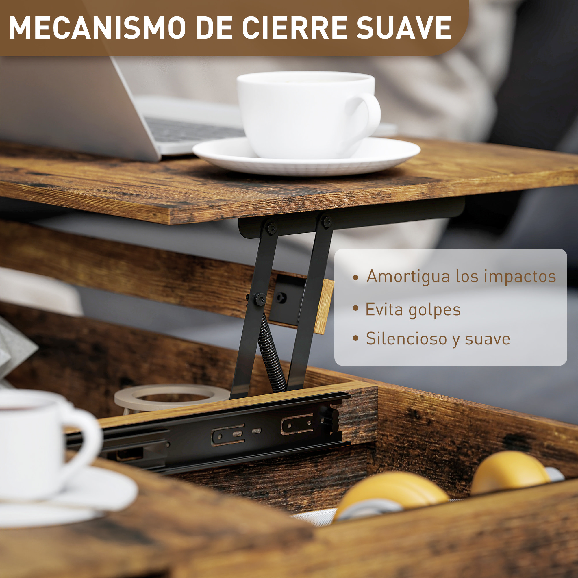 Mesa de Centro Elevable Mesa de Café con Encimera Deslizante Cierre Suave Espacio Oculto de Almacenaje 100x45x67 cm Marrón Rústico