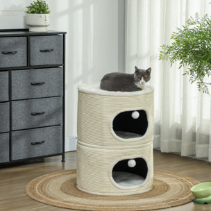 Tour pour chat modulable zippée 3 parties - tonneau griffoir chat 2 pompons - sisal naturel peluche crème