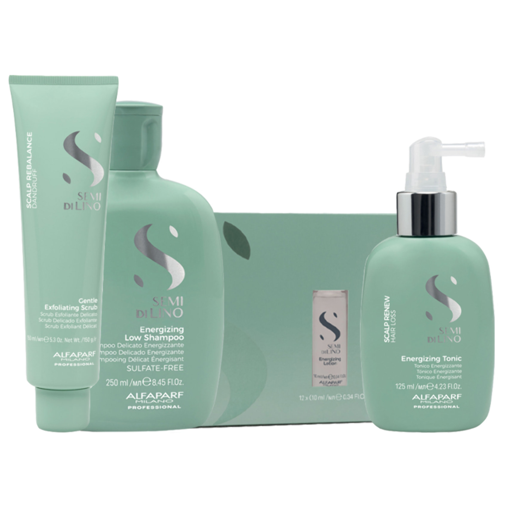 ALFAPARF Kit Semi Di Lino Energizing Low Shampoo 250ml + Tonic + Scrub + Lotion
