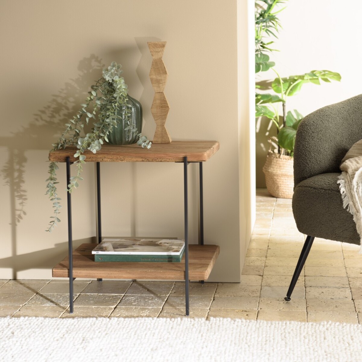 DANDY - Table d'appoint rect. 50x42cm bois Pin recyclé et pieds métal