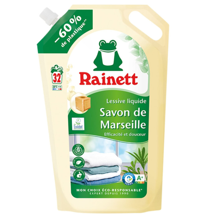 Pack de 5 - Rainett - Lessive Liquide Peaux Sensibles Ecolabel Savon de Marseille 1,6l - Recharge 32 lavages