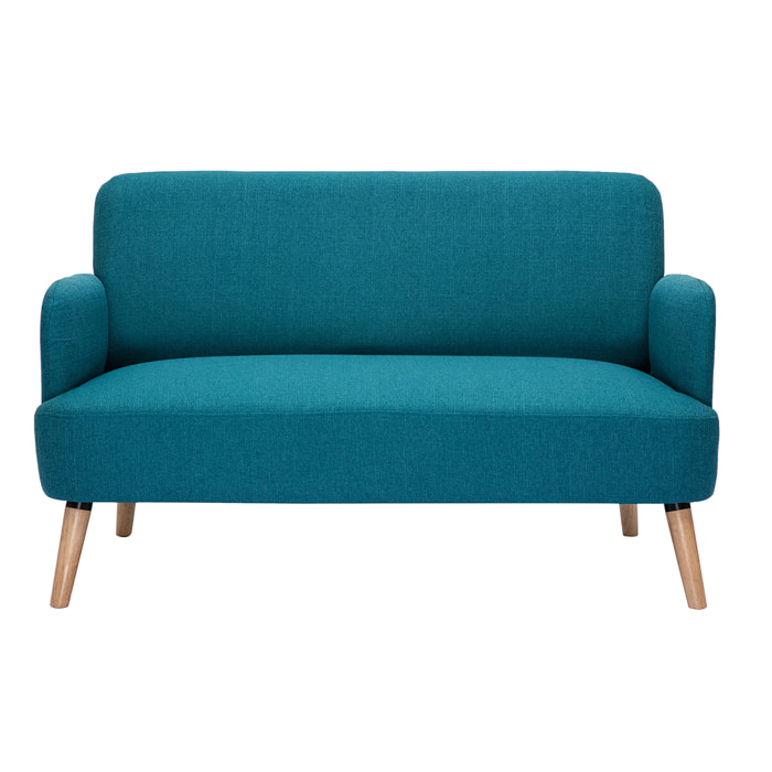 Canapé scandinave 2 places en tissu bleu canard et bois clair ISKO