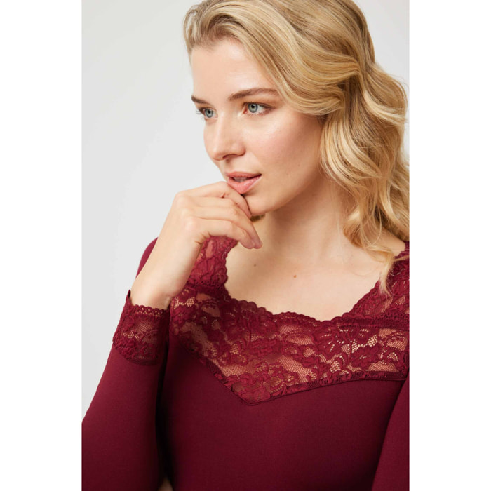 Maglietta termica in pizzo a maniche lunghe color marrone