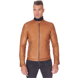 Giubbotto biker in pelle naturale cuoio collo coreana